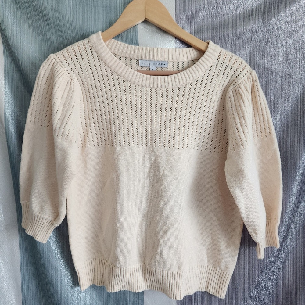 Baltic Born Womens Cream Pointelle Puff Sleeve Knit Sweater L Dainty Regencycore